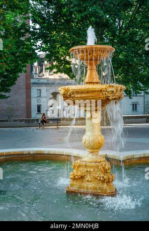 Frankreich, Pyrenäen Atlantiques, Bearn, Pau, junge Frau, die auf einer Bank auf einem Platz sitzt, auf dem sich ein traditioneller Brunnen vor dem Schloss befindet Stockfoto