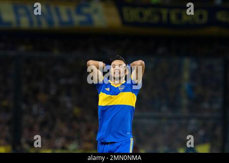 Buenos Aires, Argentinien. 29. Januar 2023. Oscar Romero von Boca Juniors reagiert während eines Spiels zwischen Boca und Atletico Tucuman im Rahmen der Liga Profesional 2023 im Estadio Alberto J. Armando. (Endstand; Boca 1:0 Atletico Tucuman). (Foto: Manuel Cortina/SOPA Images/Sipa USA) Guthaben: SIPA USA/Alamy Live News Stockfoto