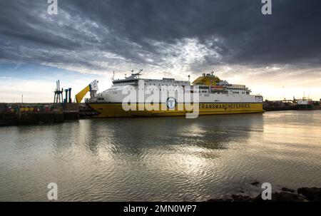 Ankunft mit der Fähre am Hafen von Newhaven. Stockfoto