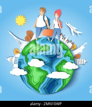 Reisen Sie um die Welt, Vektorpapier-Schnitt-Illustration Stock Vektor