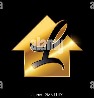 Eine Vektorabbildung auf schwarzem Hintergrund mit goldenem Glanzeffekt des Anfangsbuchstabens L des Golden Home Monogram-Logos Stock Vektor