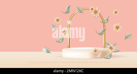 Podiumdekorierte Frühlingsblumen in Pastelltönen. Darstellung des realistischen 3D-Vektors Stock Vektor