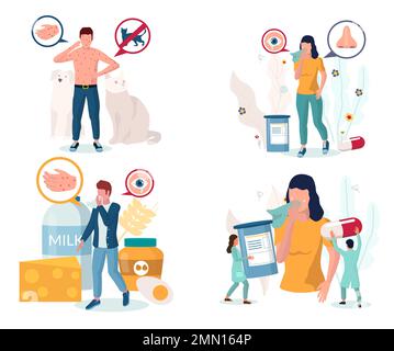 Allergietypen und Symptome gesetzt, vektorisolierte Illustration Stock Vektor