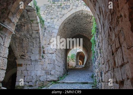 homs, Syrien - 04 14 2011: Krak des Chevaliers ist ein altes Kreuzritter-Schloss hoch oben auf einem Hügel östlich von tartus im Westen Syriens Stockfoto