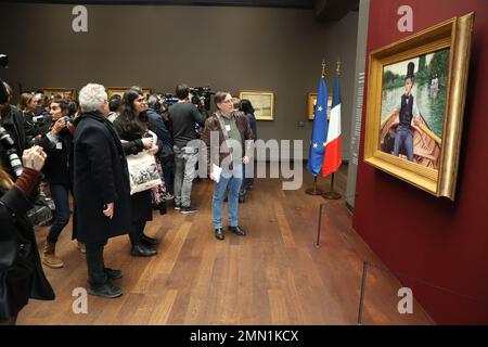 Vorstellung des Gemäldes „La Partie de Bateau“ („Bootsparty“) durch den französischen impressionistischen Maler Gustave Caillebotte im Musée d'Orsay in Paris, Frankreich, am 30. Januar 2023. Der Chefkoch d’Oeuvre, der in den Jahren 1877 bis 1878 gemalt wurde, ist ein erstaunliches Kunstwerk, das als „Nationalschatz“ gilt und vom Musuem unter der exklusiven Schirmherrschaft der LVMH erworben wurde. Foto: Jerome Dominé/ABACAPRESS.COM Stockfoto