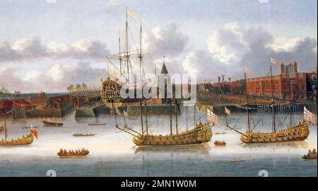 OSTINDIEN-SCHIFFE an den Docks von Deptford um 1680 Uhr Stockfoto