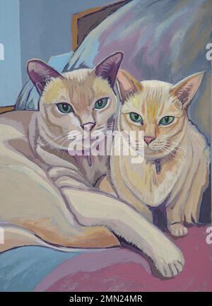 Gemälde von zwei cremefarbenen Katzen, die sich auf einem Kissen entspannen Stockfoto