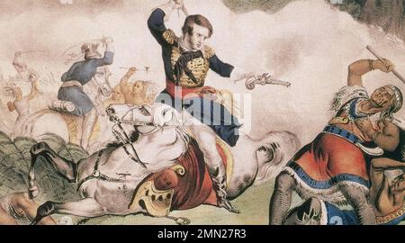 TECUMSEH c 1768-1813) Shawnee Chief and Warrior wird von Colonel Richard Johnson in Nathaniel Currier Lithograph um 1846 erschossen Stockfoto