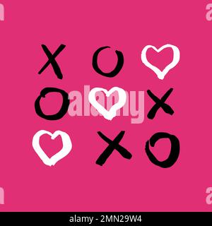TIC tac Toe Doodle-Spiel mit Kreuz und Kreiszeichen, süßes Herzzeichen isoliert auf weißem Hintergrund. . Vektordarstellung Stock Vektor