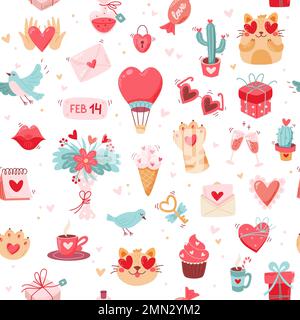 Nahtloses Muster zum Valentinstag mit niedlichen Elementen. Hochzeiten- und Liebeskonzept. Vektordarstellung im flachen Cartoon-Stil Stock Vektor