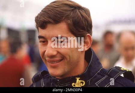 Ayrton Senna beim portugiesischen Grand Prix the1985 bei Estoril 21/2/1985 Stockfoto