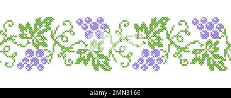 Traubenrand. Vektorhintergrund für das Etikettendesign für Wein oder Saft. Trauben, nahtloser Rand. Pixel Art, Vyshyvanka, Kreuzstich Stock Vektor