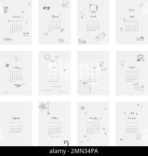 Cute 2022 Monatskalender Vorlage, minimale Doodle Illustration Vektor-Set Stock Vektor