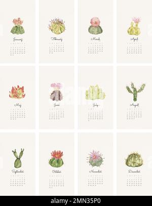 Botanical 2022 Monatskalender Vorlage, Kaktus iPhone Wallpaper Vektor-Set Stock Vektor