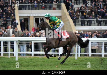 Rennen Drei. Die Glenfarclas Cross Country Chase. Easyland, gefahren von Richie McLernon auf dem Weg zum Start. Pferderennen bei Cheltenham Racecours Stockfoto