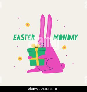 Süßer osterhase mit einem Geschenk. Ostermontags-Postkarte. Mehrfarbige, trendige Vektordarstellung. Stock Vektor