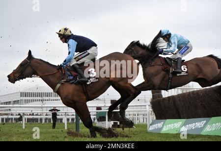 Viertes Rennen: Albert Bartlett Clarence House Chase. Edwardstone reitet von Tom Cannon auf der ersten Strecke, gefolgt von Sizing Pottsie Stockfoto