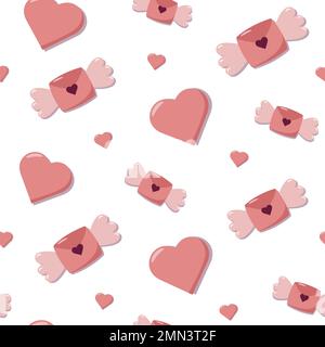 Valentinstag Konzept nahtloses Muster mit Vektorelementen und Buchstaben mit Flügeln und Herzen. Pinkfarbener Hintergrund für Geschenkpapier und Geschenk Stock Vektor
