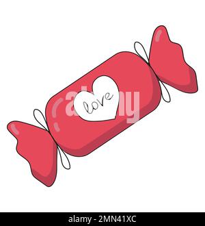 Rosa Süßigkeiten mit der Inschrift Liebe. Vektordessert zum Valentinstag. Abbildung des Aufklebers mit dem Symbol „Süßigkeiten“. Stock Vektor