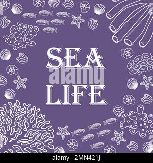 Vektor-Ozean-Illustration mit Fischen, Muscheln, Korallen, Algen. Sea Life - Moderne Schriftzeichen. Unterwassertiere. Ökologisches Design für Banner, Flyer Stock Vektor