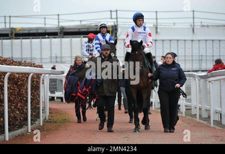 Rennen sechs. Die Paddy Power Cotswold Chase. Protektorat geritten von Harry Skelton vor Frodon geritten von Bryony Frost mit Dusart geritten von James Bow Stockfoto