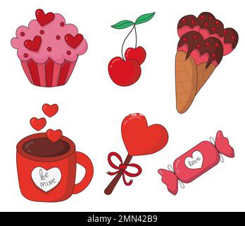 Sammlung Valentinstag Desserts. Cupcake mit Herzen, Kirsche. Eiscreme in Konus mit Schokolade und Streuseln. Rote Tasse, Lutscher, Süßigkeiten Stock Vektor