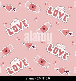 Valentinstag-Konzept Nahtloses Muster mit niedlichen Vektorstickern, Buchstaben mit Flügeln und Herzen. Pinkfarbener Hintergrund für Geschenkpapier und Geschenk Stock Vektor