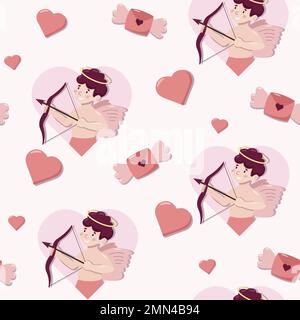 Valentinstag Konzept nahtloses Muster mit Vektor-Cartoon-Elementen Cupid, Buchstaben mit Flügeln und Herzen. Rosafarbener Hintergrund für Geschenkpapier und Stock Vektor