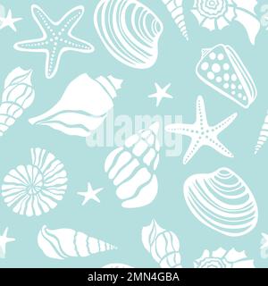 Nahtlose Muscheln, Seesterne unter Wasser, handgezeichnete Vektoren, nahtloser Hintergrund mit Mustern Stock Vektor