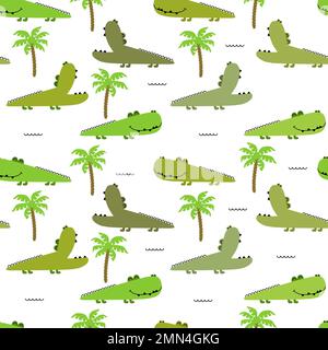 Nahtloses Muster mit lustigen Krokodilen und Handflächen. Kindlicher Hintergrund. Vektor niedlicher Tierhintergrund Stock Vektor