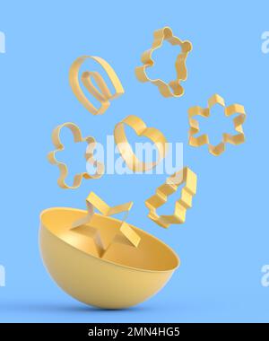 Set aus Plätzchenausstechern aus Metall und Küchenutensilien aus Holz auf monochromem Hintergrund. 3D Wiedergabe von Küchengeräten und Zubehör für das Kochen Stockfoto