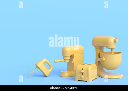 Espressomaschine, Handmixer, Wasserkocher und Toaster für die Zubereitung des Frühstücks auf monochromem Hintergrund. 3D Render der Kaffeeanne für die Herstellung von Latte Stockfoto