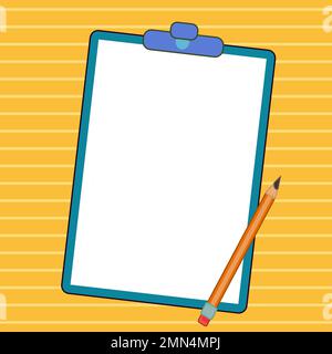 Papierbogen mit Text auf hellem farbigem Hintergrund. Bleistift zeichnet die Hauptbotschaft. Das Notebook enthält wichtige Informationen. Leerer Platz Für Stock Vektor