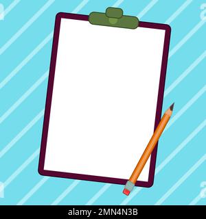 Papierbogen mit Text auf hellem farbigem Hintergrund. Bleistift zeichnet die Hauptbotschaft. Das Notebook enthält wichtige Informationen. Leerer Platz Für Stock Vektor