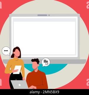 Mann sitzt am Tisch mit Laptop. Eine Frau, die neben dem Computer steht. Leute, die über die neuesten Nachrichten reden. Großer weißer Texthalter auf farbigem Hintergrund Stock Vektor