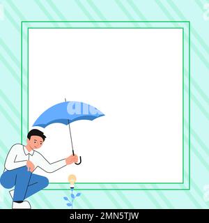 Yung-Mann mit Regenschirm sitzt und schaut Rose an. Rette die Blume vor Regen. Leerer Leerraum für Text auf farbigem Hintergrund. Nagelneu Stock Vektor