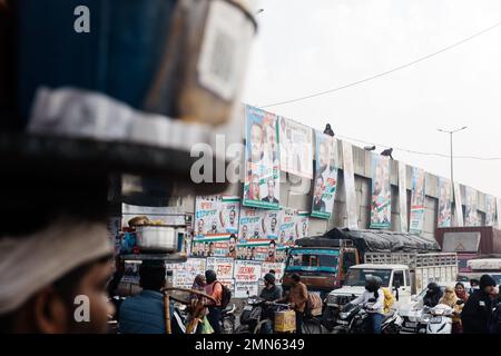 Punjab, Indien. 12. Januar 2023. LUDHIANA, PB - JANUAR 12: Kampagnenmaterial von Rahul Gandhi, Leiter des Kongresses, wirbt für eine Kundgebung in Pathankot, Punjab, 19. Januar 2023. Rahul Gandhi und Parteimitglieder gehen zu Bharat Jodo Yatra, einem 3.500 km langen marsch von Kanyakumari in Tamil Nadu nach Jammu und Kaschmir. (Foto: Elke Scholiers/Sipa USA) Guthaben: SIPA USA/Alamy Live News Stockfoto