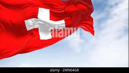 Nahaufnahme der im Wind winkenden schweizer Nationalflagge. Die Schweiz ist ein Binnenland in Europa. Texturierter Hintergrund aus Stoff. Wählen Sie Stockfoto