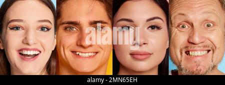 Collage. Nahaufnahmen verschiedener lächelnder Menschen, Männer und Frauen, die positive glückliche Emotionen zeigen. Entzückend und aufgeregt. Emotionsbegriff Stockfoto