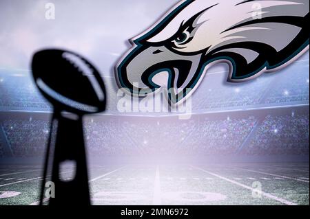 PHOENIX, USA, 30 3. JANUAR 2023: Philadelphia Eagles Logo und Silhouette der Vince Lombardi Trophäe als Gewinner der National Football League. Stockfoto