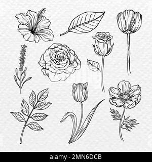 Vintage Blume Aufkleber, schwarze botanische Illustration Vektor-Set Stock Vektor