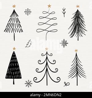 Weihnachten Doodle Aufkleber, niedlichen Baum und Tier Illustration in schwarz Vektor-Set Stock Vektor