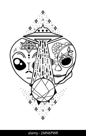 Steampunk UFO Alien Tattoo Style Illustration, Raumschiff Universum Unidentifiziertes Luftphänomen UA Stockfoto