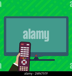 Abbildung mit Fernseher und Fernbedienung in der Hand. Wichtige Informationen auf dem Bildschirm. Monitor enthält Hauptmeldung. Anzeige auf heller Farbe Stock Vektor