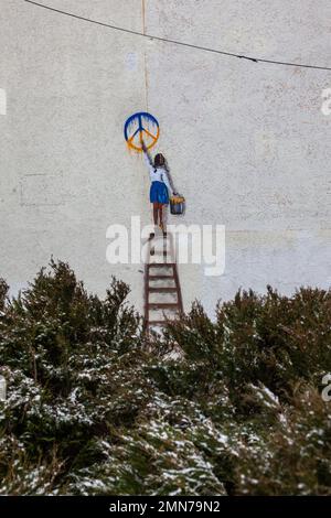 TVBOY Treppe zum Frieden in Bucha Ukraine Stockfoto