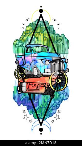 Bauerntraktor-Lkw, Weinende Weide, Aquarell-Tattoo-Illustration Stockfoto