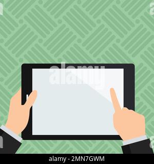 Tablet mit zwei Händen und wichtigen Ankündigungen. Wichtige Informationen auf dem Bildschirm. Leerzeichen für Text. Leere Schachtel für Präsentation. Hell Stock Vektor