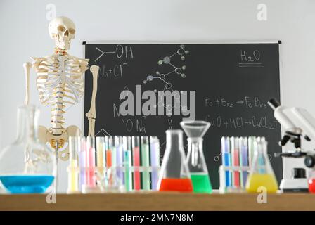 Unterschiedliche Chemie-Glasgeräte und -Skelette im Klassenzimmer Stockfoto