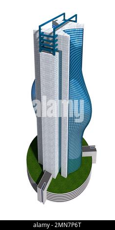Futuristische Stadtarchitektur aus dem Jahr 3D mit dem isolierten Pfad in der Abbildung. Stockfoto