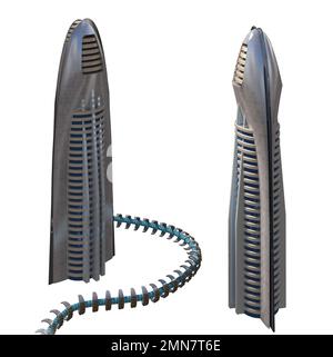 Futuristische Stadtarchitektur aus dem Jahr 3D mit dem isolierten Pfad in der Abbildung. Stockfoto